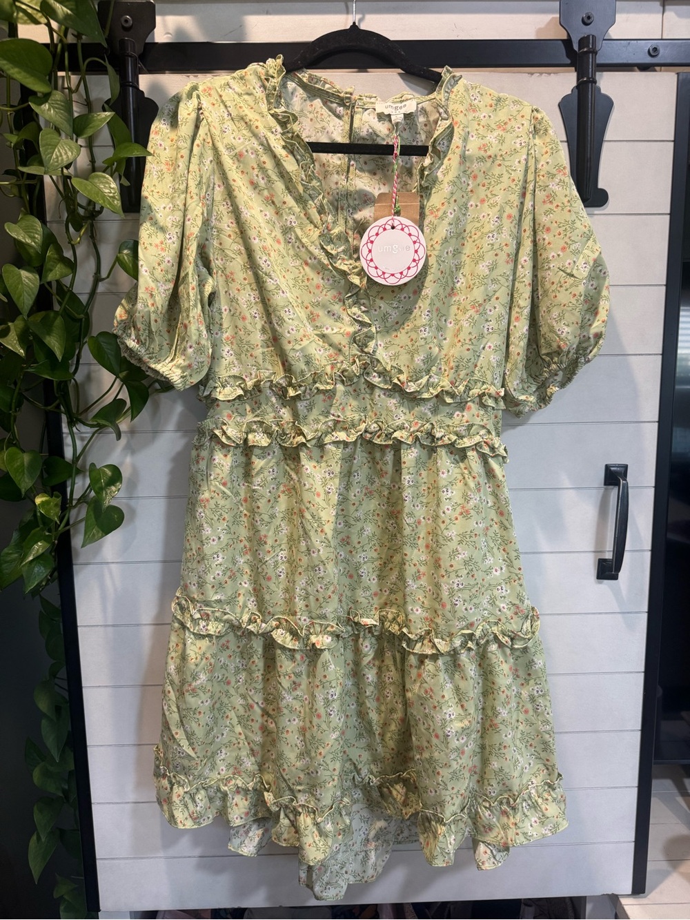 Umgee Sage Green Floral Ruffle Tiered Mini Dress